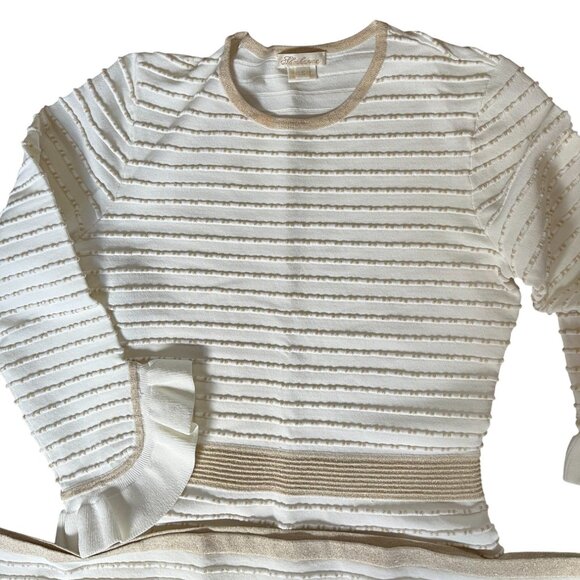 Shoshana Dress Women’s Size S Fine Knit 3/4 Ruffle Sleeve Cream &  Gold Dress - Picture 2 of 6